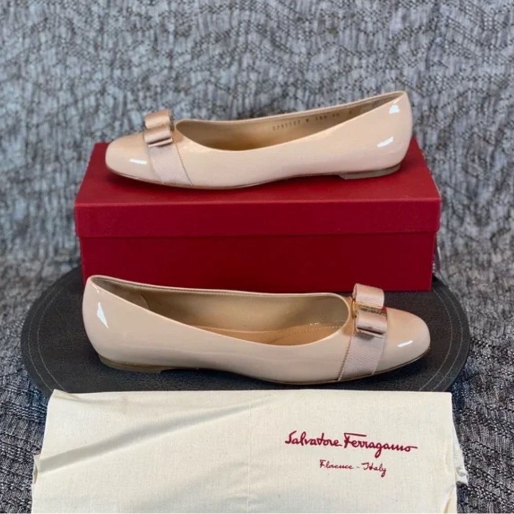 Salvatore Ferragamo Nude Patent Flats with Bow